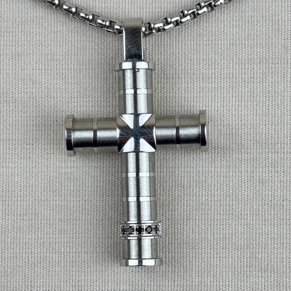 Italgem Brushed Stainless Steel Black Cubic Zirconia Cross Pendant Necklace 22" - Picture 1 of 12